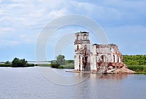 Destroyed church on the lake in Russia