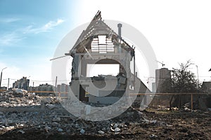 Destroyed civilian house. Ruins of a destroyed house. Demolition of the old house.