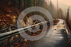 destroyed guardrails along muddy mountain road