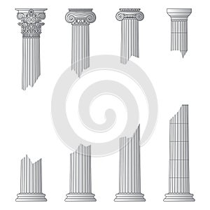 Destroyed historic Greek antique columns with capitals of different orders and with place for text