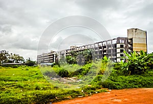 The destroyed hotel in Monrovia. Liberia, West Africa