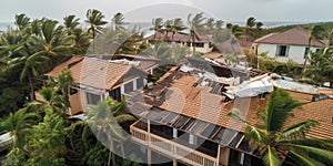 destroyed house home villa building red roof by wind storm in tropical climate city with palm trees concept of property damage