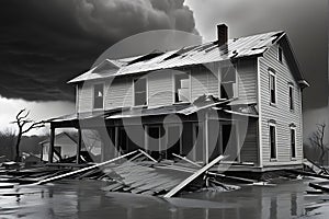 Destroyed House Stands as Remnants Amidst the Deluge: Battered by the Continuous Onslaught of a Violent Storm