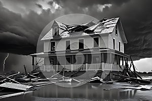 Destroyed House Stands as Remnants Amidst the Deluge: Battered by the Continuous Onslaught of a Violent Storm