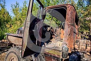 Destroyed military truck, War actions aftermath, Ukraine and Donbass conflict photo