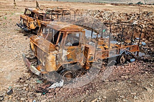 Destroyed military trucks, War actions aftermath, Ukraine and Donbass conflict photo