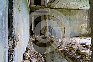 Destroyed panel building of a residential multi-storey and multi-apartment building. Background with selective focus