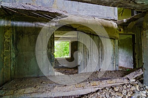 Destroyed panel building of a residential multi-storey and multi-apartment building. Background with selective focus