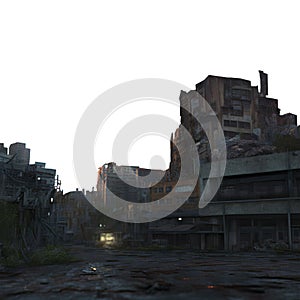 Destroyed post apocalyptic town with ruins and debris. 3D digital illustration. PNG background file