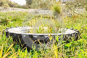 Destroyed rubber car tire on grass