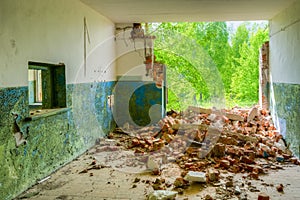 Destroyed Rural Shop With Ruined Wall In Nuclear Contamination