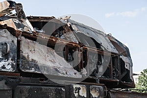 Destroyed russian military machines during russian invasion of Ukraine in 2022. Exhibition of destroyed russian military