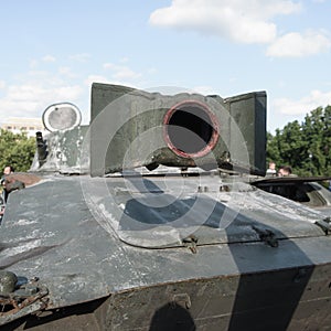 Destroyed russian military machines during russian invasion of Ukraine in 2022. Exhibition of destroyed russian military