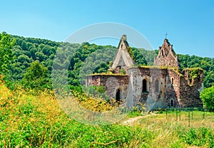 Destroyed stone medieval church in the green forest. Desolation. The spirit of the ages