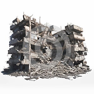 Destroyed structures isolated on white background, urban decay depiction