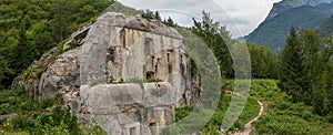 Destroyed wall of Fort Hermann. Crumbling World War I Fortress near Mount Rombon. Bovec, Gorizia, Slovenia