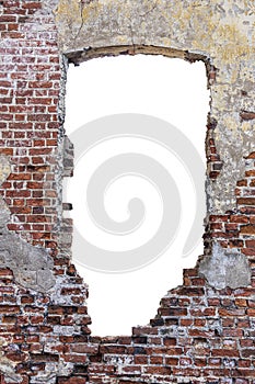 Destroyed wall with a red brick hole in the middle. isolated on white background. vertical frame. grunge frame