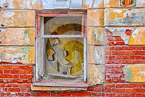 Destroyed window in the house ready for the demolition in Kazan, Russia