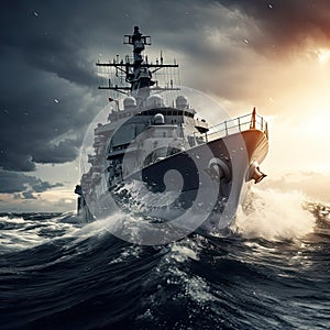 Destroyer Warship on the high seas. Threat. War, military maneuvers