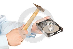 Destroying data concept. Breaking hard disk drive with a hammer. isolated on white background.