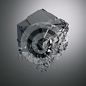Destruction of black glossy cube. 3d rendering