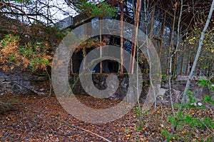 Destruction of building of cafe Pripyat in thickets in dead ghost town of Pripyat, Chernobyl alienation zone