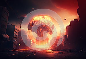 Destruction of city with fires explosions and collaps illustration. Ai generative