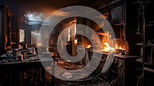 destruction fire in kitchen