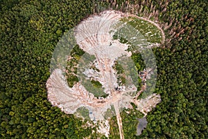 Destruction of forests and ecological system by garbage removal in forests, top view, destructive destruction of nature.