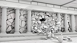 Destruction of a hall with columns