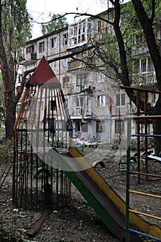 The destruction of the house after the shelling in eastern Ukraine