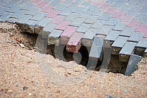 Destruction of the pavement. Deep hole on the edge of the sidewalk. Soil erosion. Traces of water flow during rain. The