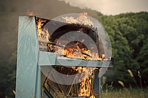 Destruction of the piano. Piano on fire
