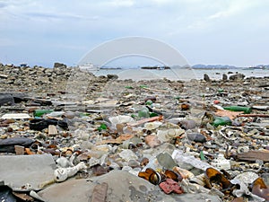 Destruction pollution environment garbage on the beach