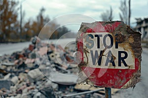 Destruction Speaks: Road Sign Pleads STOP WAR.
