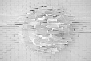 Destruction of a white brick wall. 3d illustration