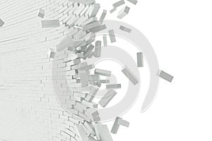 Destruction of a white wall with blank text. 3d illustration