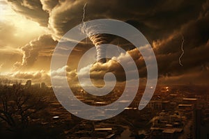 Destructive City tornado vortex. Generate ai photo