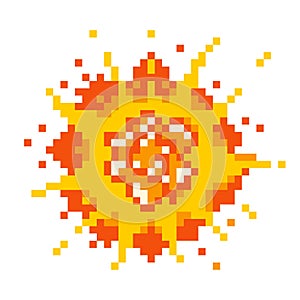 Destructive pixel explosion. Red detonation burst of energy with yellow fire flaming.