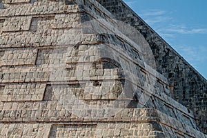 Detaail of the steps of the pyramid Kukulkan in the Mayan archeological site Chichen Itza, Mexi