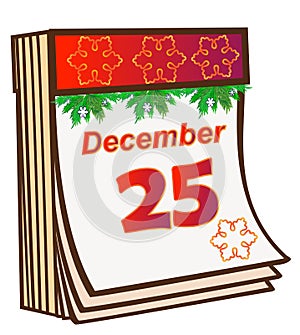 Detachable Christmas calendar. On the calendar of December 25 and Christmas decor.