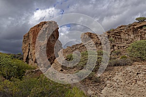 A detached eroded Volcanic Breccia Boulder standing upright on the Valley Floor of a Nature Reserve in Tenerife