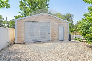 Detached gable garage exterior with steel walls and roll-up door with door latch lock