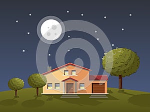 Detached home at night. Single family house with garden