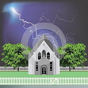Rural parish church building with thunderstorm
