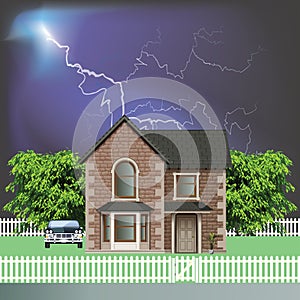 Detached residential house with Thunderstorm