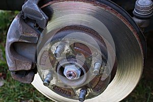 Detail of 13 years old rusty brake rotor and caliper assembly