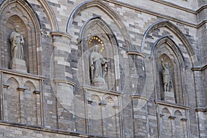 Detail of 1830 catholic Notre-Dame Basilica with Saint-Joseph, the Virgin Mary, and Saint Jean-Baptiste statues