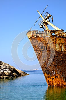 Detail of abandoned rusty shipwreck on Amorgos island