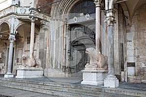 Detail of the Access Door to the Cathedral of Cremona with the Statues of the Two Lions, Lombardy, Italy